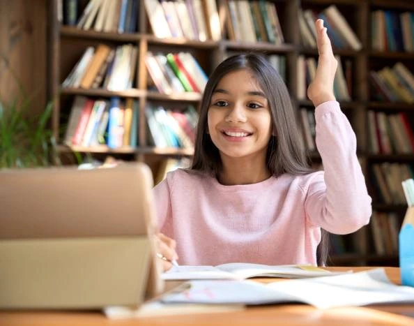 girl student raise her hand during online class